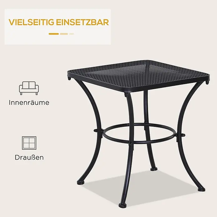 Outsunny Garten-Beistelltisch - L x B x H: 45 x 45 x 50 cm, Schwarz - Schwarzer quadratischer Metalltisch mit perforierter Platte, vielseitig drinnen und draußen einsetzbar.