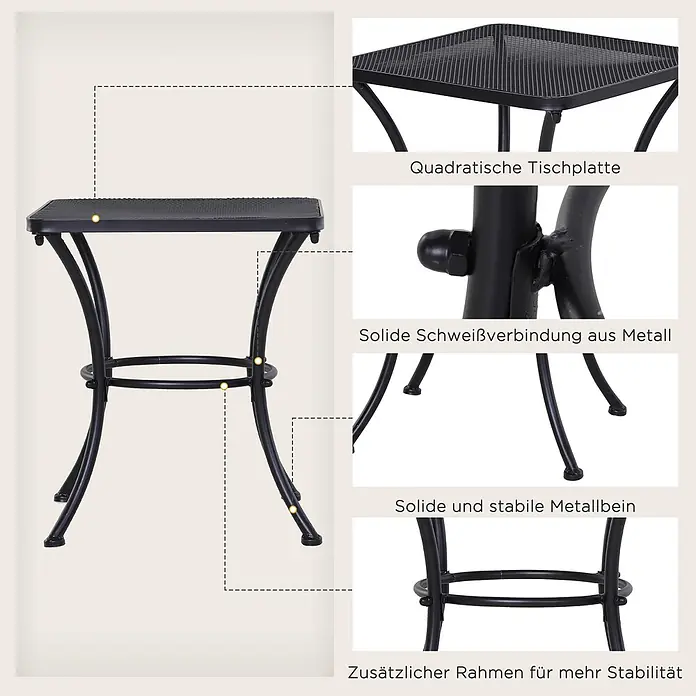 Outsunny Garten-Beistelltisch - L x B x H: 45 x 45 x 50 cm, Schwarz - Schwarzer Bistro-Tisch aus Metall mit quadratischer Tischplatte, soliden Schweißnähten und stabilen Beinen mit zusätzlichem Rahmen.