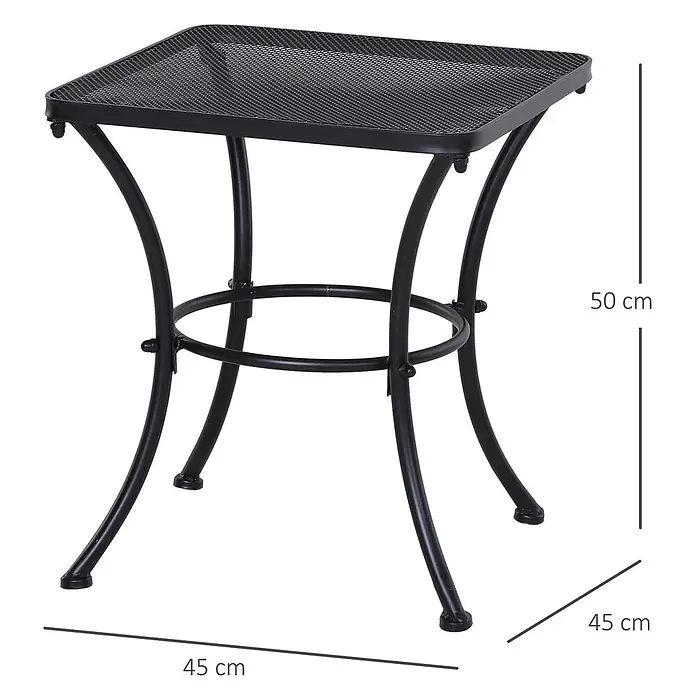 Outsunny Garten-Beistelltisch - L x B x H: 45 x 45 x 50 cm, Schwarz - Schwarzer quadratischer Gartentisch aus Metallgeflecht, H50xW45xT45cm.