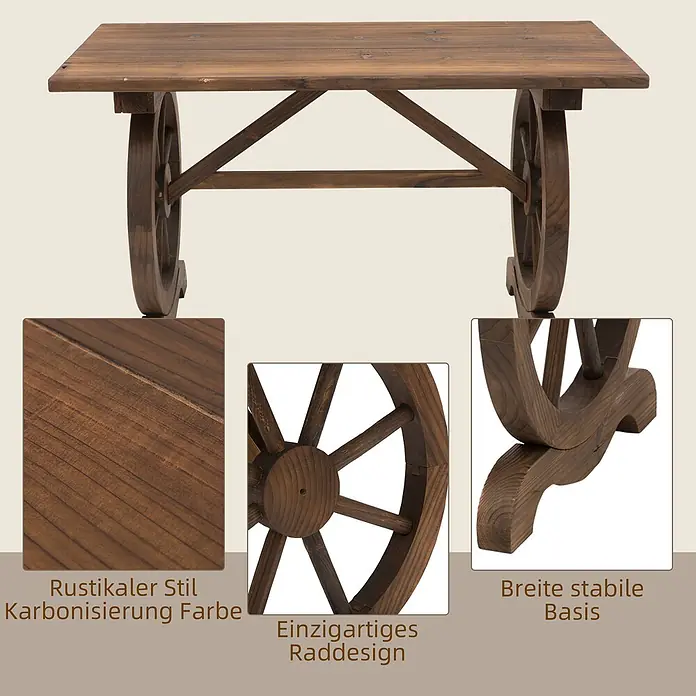 Furnicato Gartentisch - L x B x H: 110 x 60 x 65 cm, Rechteckig, Natur - Rustikaler dunkelbrauner Holztisch mit einzigartigen Wagenradbeinen und breiter, stabiler Basis.