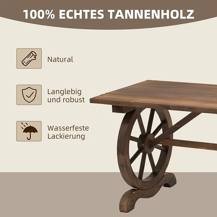 Furnicato Gartentisch - L x B x H: 110 x 60 x 65 cm, Rechteckig, Natur - Dunkelbrauner Tannenholztisch mit dekorativen Wagenrad-Beinen.