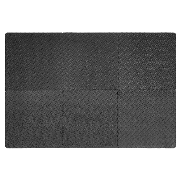 Universalmatte - 6 Stk., 40 x 40 cm, Schwarz - Sechs dunkelgraue, ineinandergreifende Schaumstoffmatten mit Riffelblechmuster für schützenden Fitness- oder Werkstattboden.