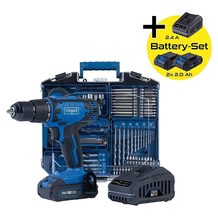 Scheppach IXES 20V Akku-Bohrschrauber-Set Mobile Werkstatt C-DTB74/2-x - 20 V, 2 Akkus, 2 Ah, 50 Nm, 79 -tlg. - Scheppach Akku-Bohrschrauber blau-schwarz mit 100-teiligem Bit-Set im Koffer, plus zusätzlichem Ladegerät und zwei Akkus.
