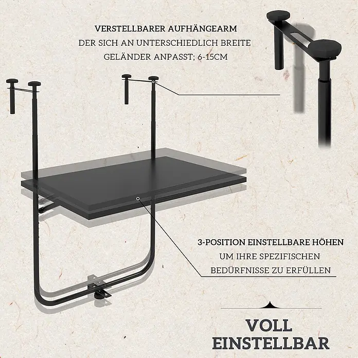 Outsunny Balkon-Hängetisch - Schwarz - Schwarzes, verstellbares Balkonregal aus Metall. Verstellbarer Aufhängearm (6-15cm) und 3-fach höhenverstellbar.