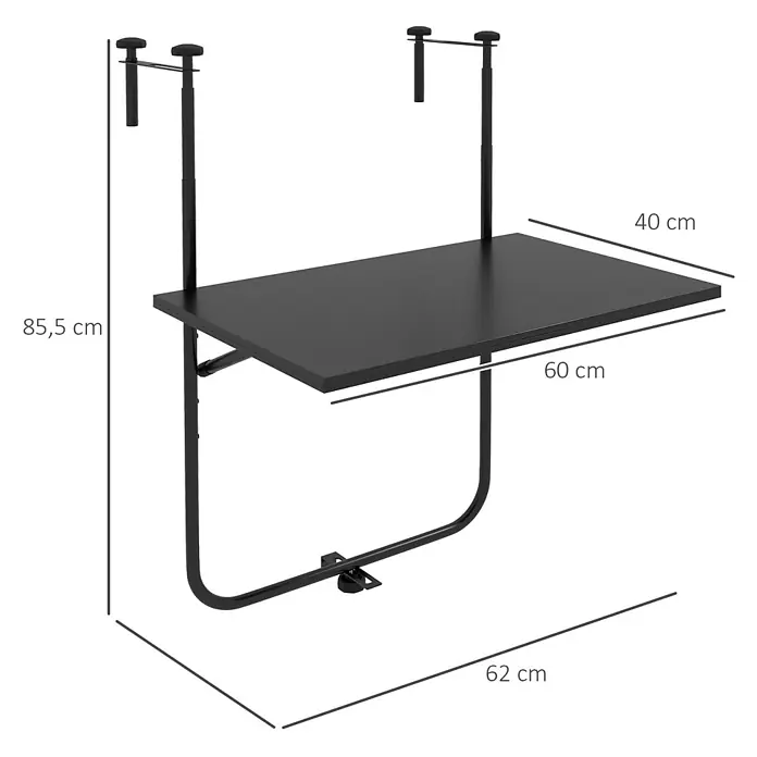 Outsunny Balkon-Hängetisch - Schwarz - Schwarzer Wand-Balkontisch mit sichtbaren Abmessungen.