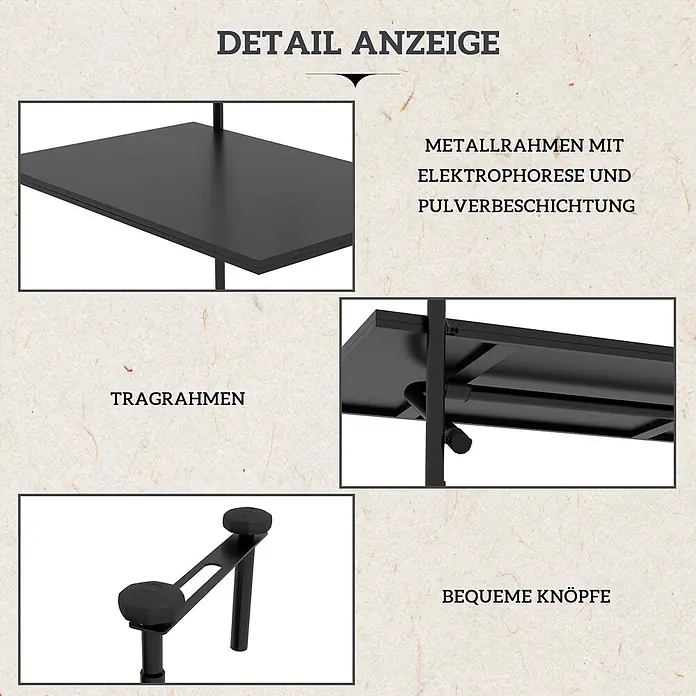 Outsunny Balkon-Hängetisch - Schwarz - Details eines schwarzen Metallregals mit pulverbeschichtetem Rahmen, Traggestell und bequemen, verstellbaren Knöpfen.
