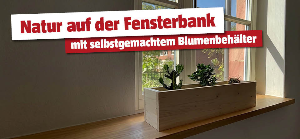 Selbstgemachter Blumenkasten aus Holz auf der Fensterbank