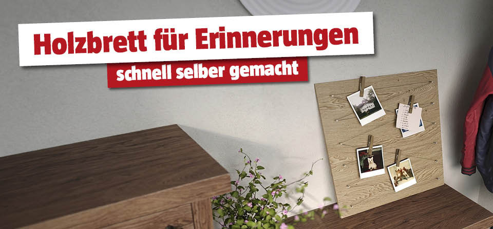 Fotobrett aus Nagel, Faden und Holz mit BIldern im Eingangsbereich