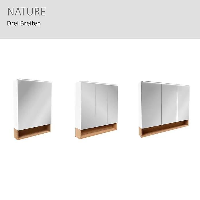 Camargue LED-Spiegelschrank - B x H: 80 x 82 cm, Mit Beleuchtung - Weiße Spiegelschränke mit integrierter Beleuchtung und offenem Holzregal, in drei Breiten.