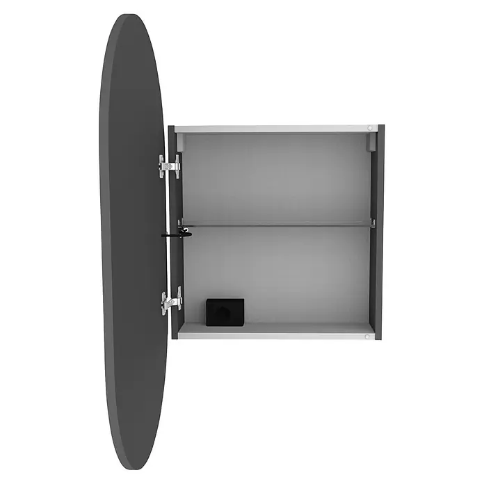 Camargue LED-Spiegelschrank - B x H: 54 x 90 cm, Holz, Anthrazit, DIN Anschlag: Links - Offener dunkelgrauer Wandschrank mit ovaler Tür, Regalböden, Steckdose und Heizfolienschalter.