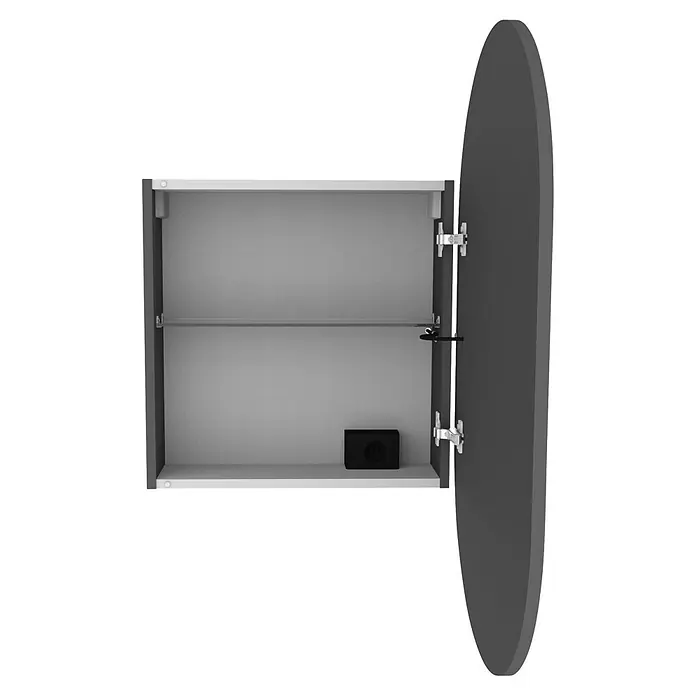 Camargue LED-Spiegelschrank - B x H: 54 x 90 cm, Holz, Anthrazit, DIN Anschlag: Rechts - Offener dunkelgrauer Badschrank mit abgerundeter Tür, Innenregalen und integrierter Steckdose.