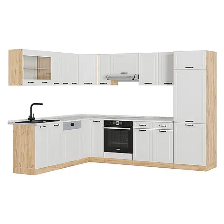 Vicco  Eckküche R-Line Weiß Landhaus/Goldkraft Eiche, AP Marmor
