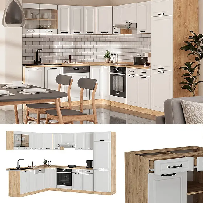 Vicco Eckküche R-Line Weiß Landhaus/Goldkraft Eiche ohne Arbeitsplatte - B x T: 287 x 46 cm, Weiß Landhaus, Ohne Elektrogeräte - Moderne L-förmige Küchenzeile mit weißen Fronten und hellen Holzdetails, inklusive integrierter Geräte.