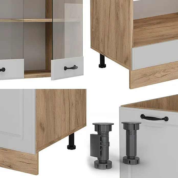 Vicco Eckküche R-Line Weiß Landhaus/Goldkraft Eiche ohne Arbeitsplatte - B x T: 287 x 46 cm, Weiß Landhaus, Ohne Elektrogeräte - Modulare Küchenschrank-Komponenten: helle Holz- und weiße Paneele, Glas, schwarze Griffe und verstellbare Füße.