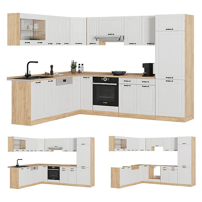 Vicco Eckküche R-Line Weiß Landhaus/Goldkraft Eiche ohne Arbeitsplatte - B x T: 287 x 46 cm, Weiß Landhaus, Ohne Elektrogeräte - L-förmige Küche mit weißen Schränken, Holzdetails, Spüle, Ofen und Geschirrspüler.
