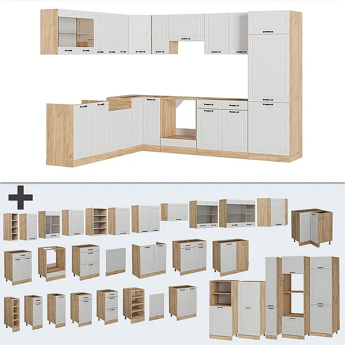 Vicco Eckküche R-Line Weiß Landhaus/Goldkraft Eiche ohne Arbeitsplatte - B x T: 287 x 46 cm, Weiß Landhaus, Ohne Elektrogeräte - Modulares Küchenschrank-Set mit weißen Fronten und hellen Holzrahmen, mit verschiedenen Ober-, Unter- und Hochschränken.