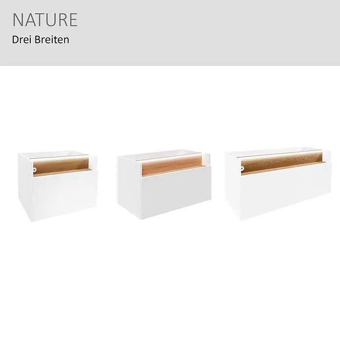Camargue Nature Waschtischunterschrank - 80 x 46 x 45 cm, Weiß/Eiche - Drei weiße Wandhängeschränke mit heller Holzinnenausstattung, in verschiedenen Breiten erhältlich.