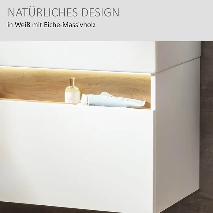 Camargue Nature Waschtischunterschrank - 80 x 46 x 45 cm, Weiß/Eiche - Weißer Badschrank mit beleuchtetem offenen Fach aus massivem Eichenholz, mit Toilettenartikeln.