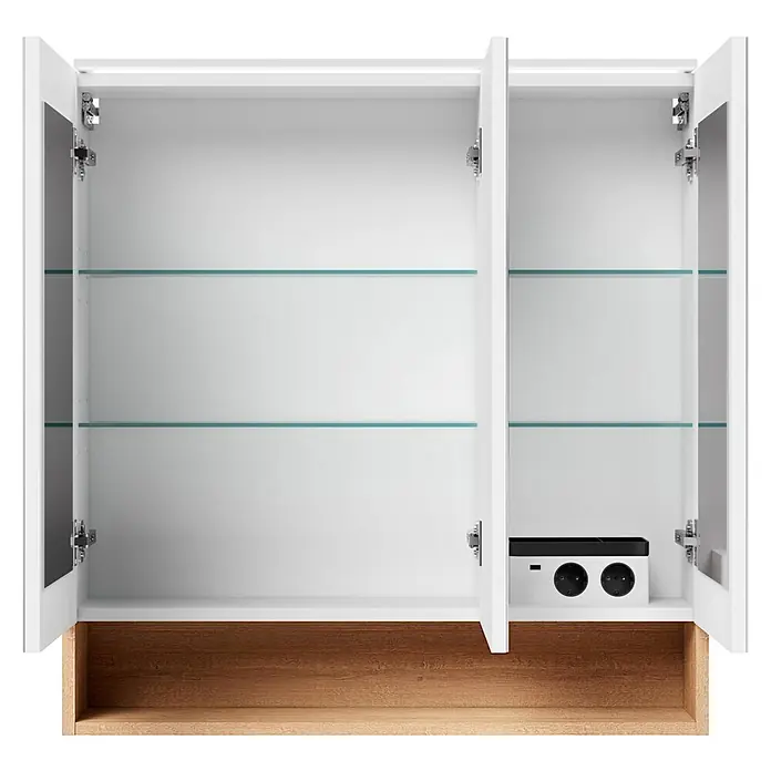 Camargue LED-Spiegelschrank - B x H: 80 x 82 cm, Mit Beleuchtung - Weißer Badezimmerschrank mit offenen Türen, Glasböden, integrierter LED-Lichtschiene und Steckdosen. Mit Holzsockel.