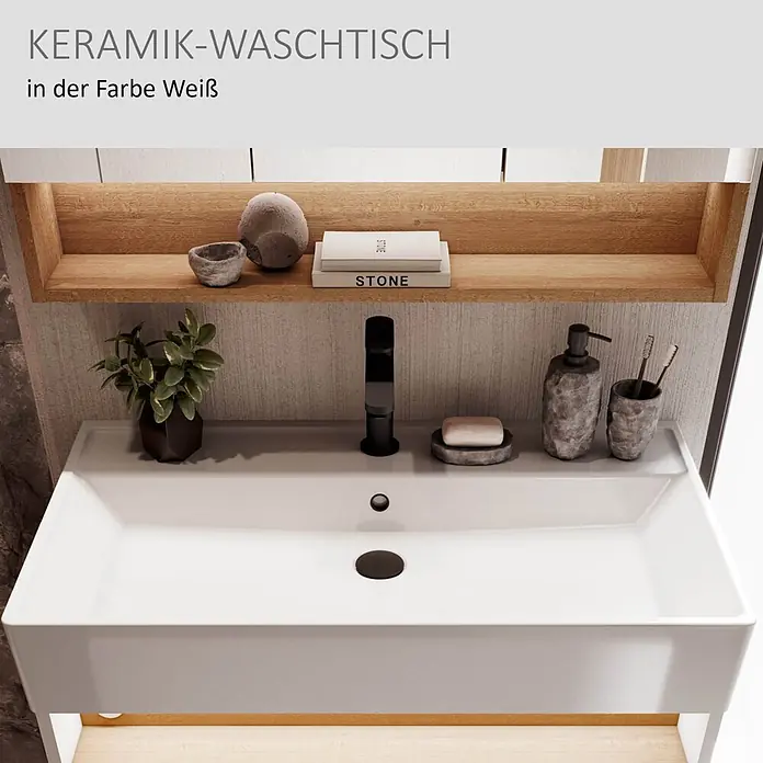 Camargue Nature Einbauwaschbecken - Hahnloch: Mitte, Mit Überlauf, Weiß - Weißes Keramik-Waschbecken mit schwarzem Wasserhahn, integriert in ein modernes Badezimmer.