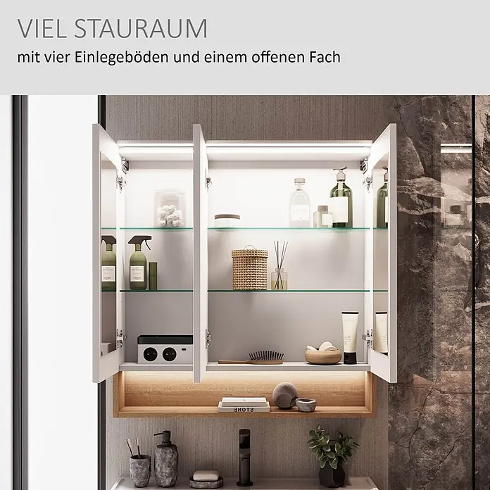 Camargue LED-Spiegelschrank - B x H: 80 x 82 cm, Mit Beleuchtung - Weißer Badspiegelschrank mit offenen Türen, Glasböden, Beleuchtung und integriertem offenen Holzfach mit Badartikeln.
