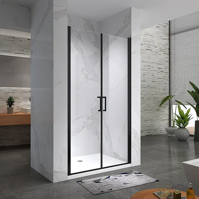 i-flair Dusch-Pendeltür NC68BL - 68 x 195 cm, Schwarz, Beschichtet, Glasstärke: 6 mm - Moderne Duschkabine aus Glas mit schwarzem Rahmen, Doppeltüren und weißer Duschwanne in einem stilvollen Bad.