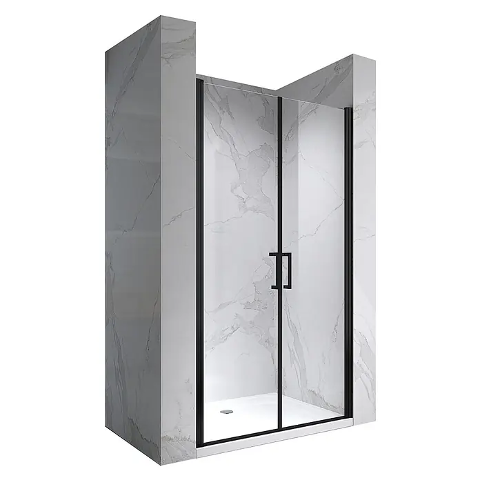 i-flair Dusch-Pendeltür NC68BL - 68 x 195 cm, Schwarz, Beschichtet, Glasstärke: 6 mm - Schwarz gerahmte Duschkabine aus Klarglas mit Doppeltüren und weißer Duschwanne.