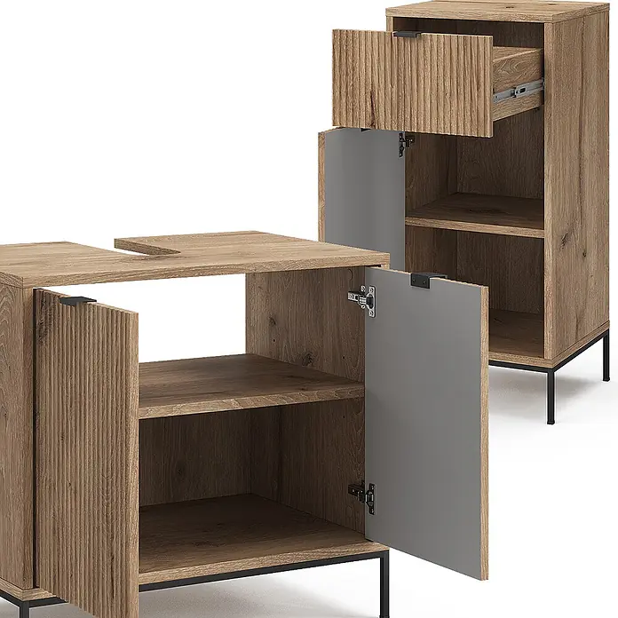 Vicco Badmöbel-Set Eliza Viking Oak 4 Teile - Gesamtbreite Badmöbel: 110 cm, Viking Oak, Matt - Modulares Holzschränkchen, texturiert, mit grauen Türen, offenen Fächern, Schublade und schwarzen Beinen.
