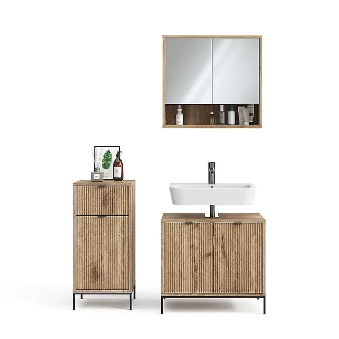 Vicco Badmöbel-Set Eliza Viking Oak 3 Teile, mit Midischrank - Gesamtbreite Badmöbel: 110 cm, Viking Oak, Matt - Badezimmerset aus hellem Riffelholz mit weißem Waschbecken, passendem Beistellschrank und Spiegelschrank mit offener Ablage.