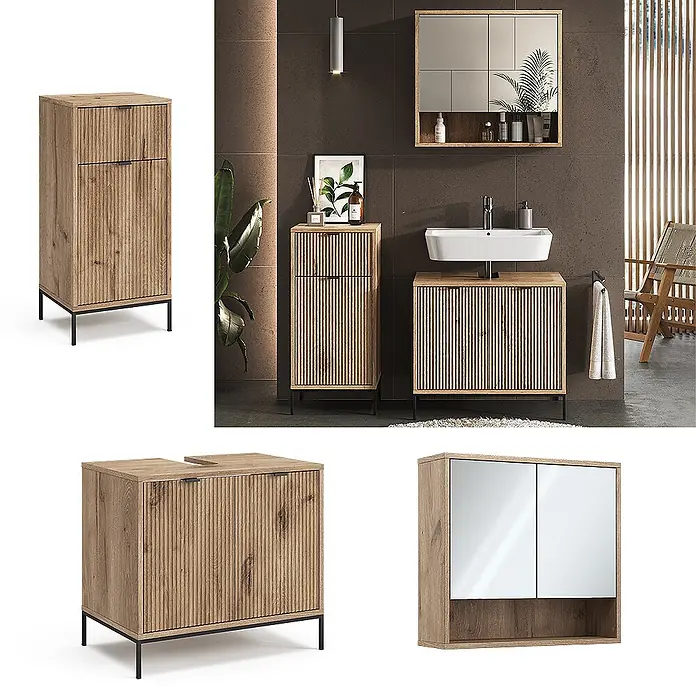 Vicco Badmöbel-Set Eliza Viking Oak 3 Teile, mit Midischrank - Gesamtbreite Badmöbel: 110 cm, Viking Oak, Matt - Badezimmermöbel-Set in Holzoptik mit geriffelter Textur, bestehend aus Hochschrank, Waschtisch und Spiegelschrank, mit schwarzen Akzenten.
