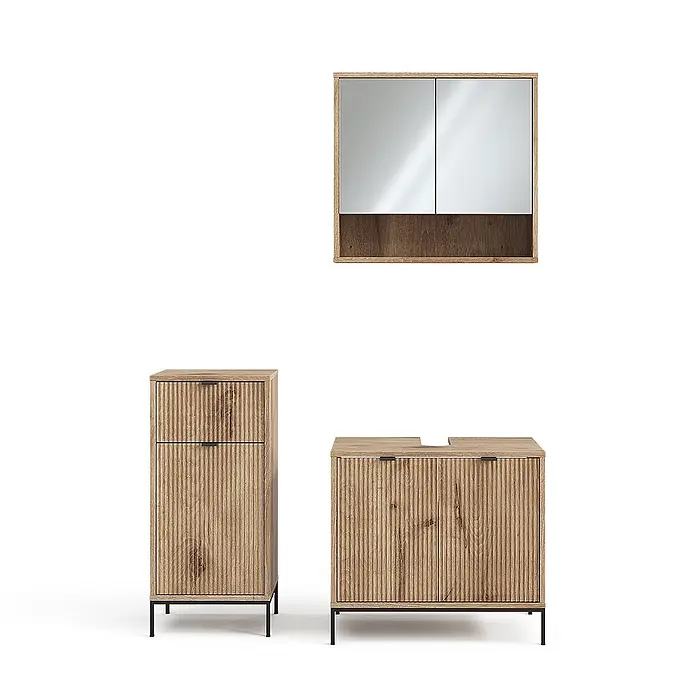 Vicco Badmöbel-Set Eliza Viking Oak 3 Teile, mit Midischrank - Gesamtbreite Badmöbel: 110 cm, Viking Oak, Matt - Badmöbelset aus hellem Holz: Spiegelschrank, Hochschrank und Waschtischunterschrank mit geriffelten Fronten.