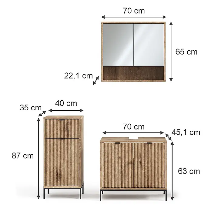 Vicco Badmöbel-Set Eliza Viking Oak 3 Teile, mit Midischrank - Gesamtbreite Badmöbel: 110 cm, Viking Oak, Matt - Badezimmermöbel-Set aus hellem Holz mit geriffelten Fronten. Enthält Spiegelschrank, Hochschrank und Waschbeckenunterschrank.