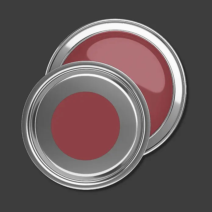 Tadessi Wandfarbe Mahagoni - Rot, Matt, 5 l - Zwei offene Metallfarbdosen mit roter Farbe.