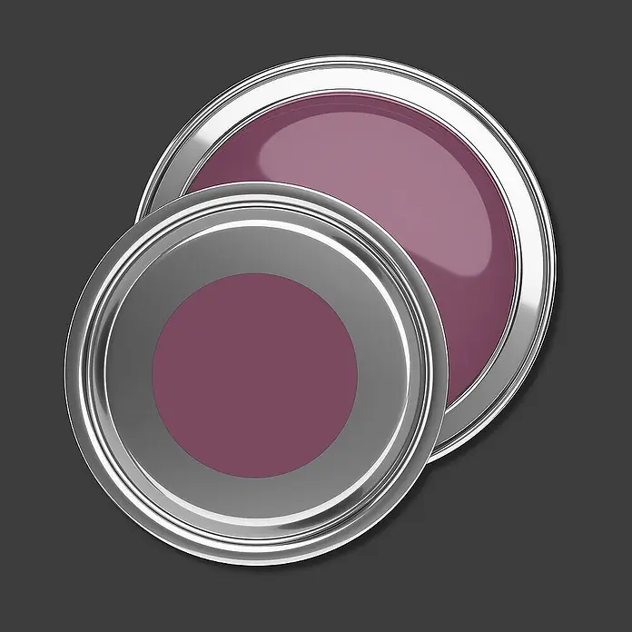 Tadessi Wandfarbe Aubergine - Violett, Matt, 1 l - Zwei offene silberne Farbdosen mit lebhafter lila Farbe.