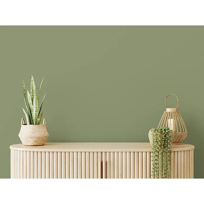 Livingwalls Wandfarbe Grün Balmy Basil 4002 5l - Matt, 5 l - Helles Holz Sideboard mit geriffelten Türen, dekoriert mit Pflanzen und einer Laterne.
