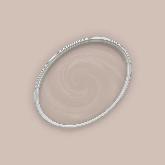 Livingwalls Wandfarbe Beige Chilled Chai Latte 6017 5l - Matt, 5 l - Offene ovale Dose mit hellbeiger Farbe und Wirbelmuster, silberner Rand.