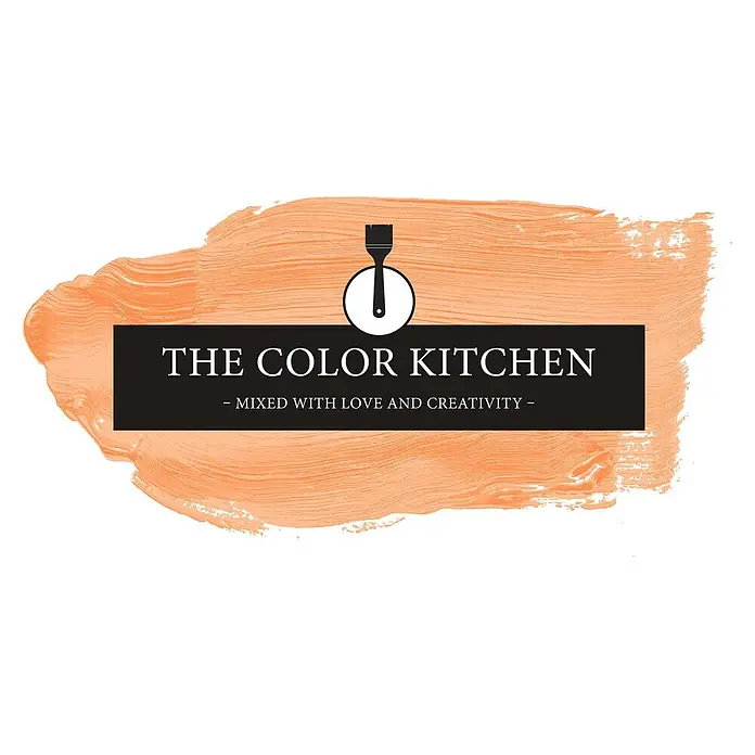 Livingwalls Wandfarbe Orange Pure Papaya 5010 5l - Matt, 5 l - Logo: 'THE COLOR KITCHEN' weiß auf schwarzem Balken, mit Pinsel-Symbol und orangefarbener Farbstruktur. Slogan: 'MIXED WITH LOVE AND CREATIVITY'.