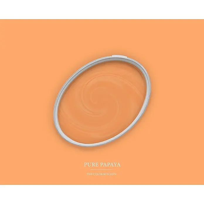 Livingwalls Wandfarbe Orange Pure Papaya 5010 5l - Matt, 5 l - Offene Farbwanne mit wirbelnder Pure Papaya-farbener Farbe und silbernem Rand.