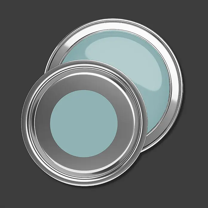 Livingwalls Wandfarbe Blau, Bluish Petrol DD125905 1l - Grün, Matt, 1 l - Zwei offene silberne Farbdosen, leicht überlappend, gefüllt mit hellblauer Farbe.