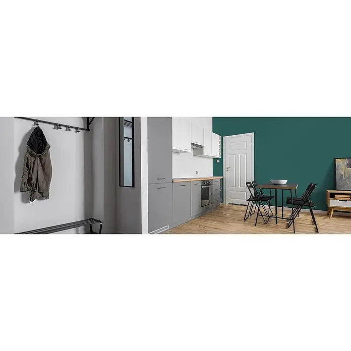 Livingwalls Wandfarbe Grün Emerald Green DD125952 5l - Grün, Matt, 5 l - Kompaktes Studio-Apartment mit schwarzer Garderobe, grauer und weißer Küchenzeile sowie kleinem Essbereich.