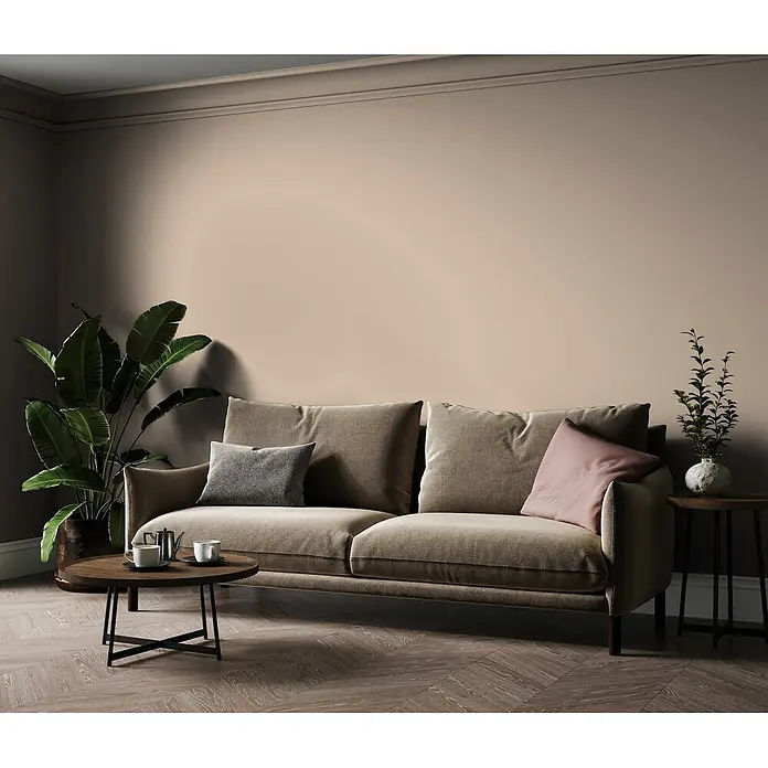 Livingwalls Wandfarbe Beige Soothing Brown DD126052 1l - Beige, Matt, 1 l - Ein hellbraunes Dreisitzer-Sofa mit Zierkissen in einem gemütlichen Wohnzimmer, zwischen einer großen Pflanze und einem Beistelltisch.