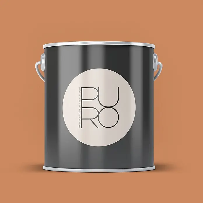 Livingwalls Wandfarbe Orange Dusty Orange DD126152 2,5l - Orange, Matt, 2,5 l - Dunkelgrauer Farbeimer mit silbernen Akzenten und beigefarbenem Etikett mit 'PURO' auf orangefarbenem Hintergrund.