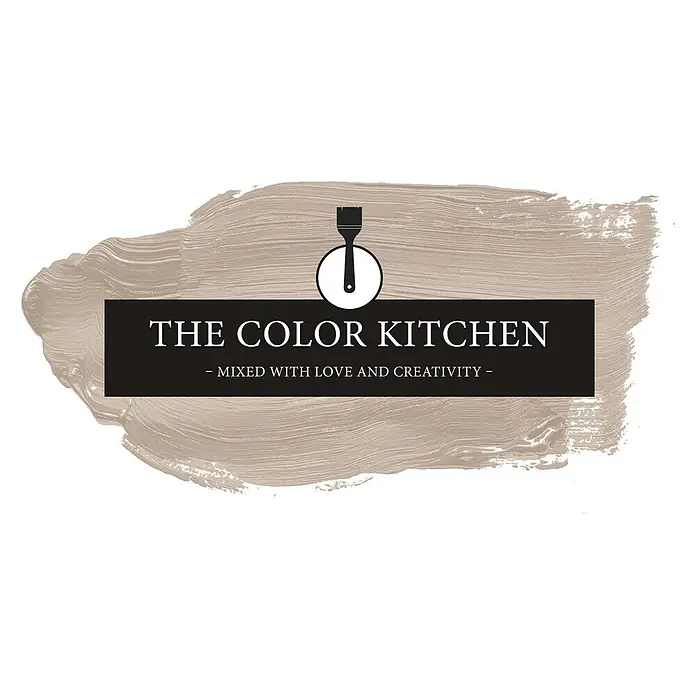Livingwalls Wandfarbe Beige Seedy Sunflower 6016 2,5l - Matt, 2,5 l - Logo für 'The Color Kitchen' mit Pinsel-Symbol und hellbraunem Pinselstrich-Hintergrund.