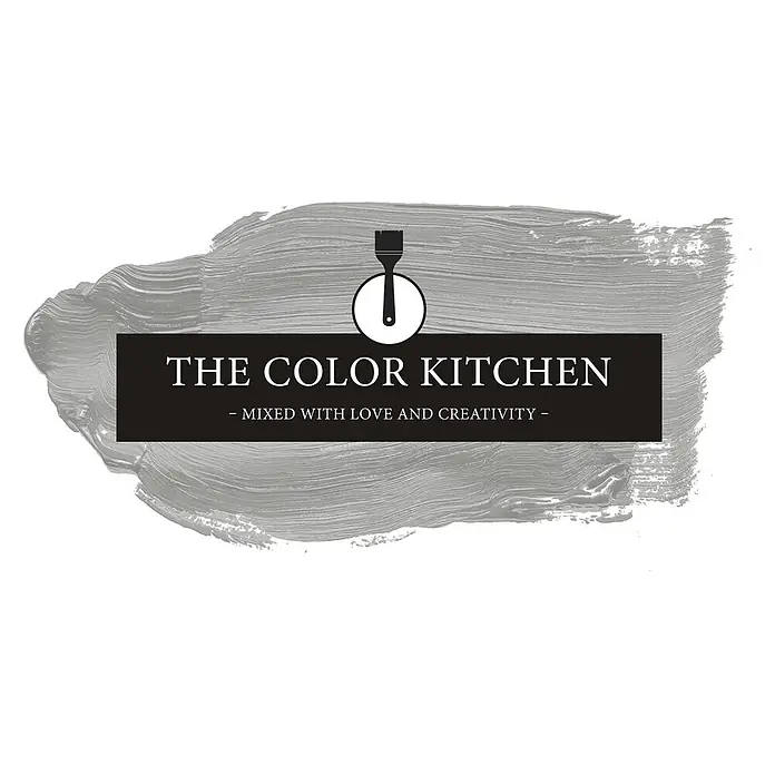 Livingwalls Wandfarbe Grau Shady Spice 1004 2,5l - Matt, 2,5 l - Logo The Color Kitchen: schwarzes Pinselsymbol über „THE COLOR KITCHEN“-Text auf schwarzem Balken, auf grauem Pinselstrich.