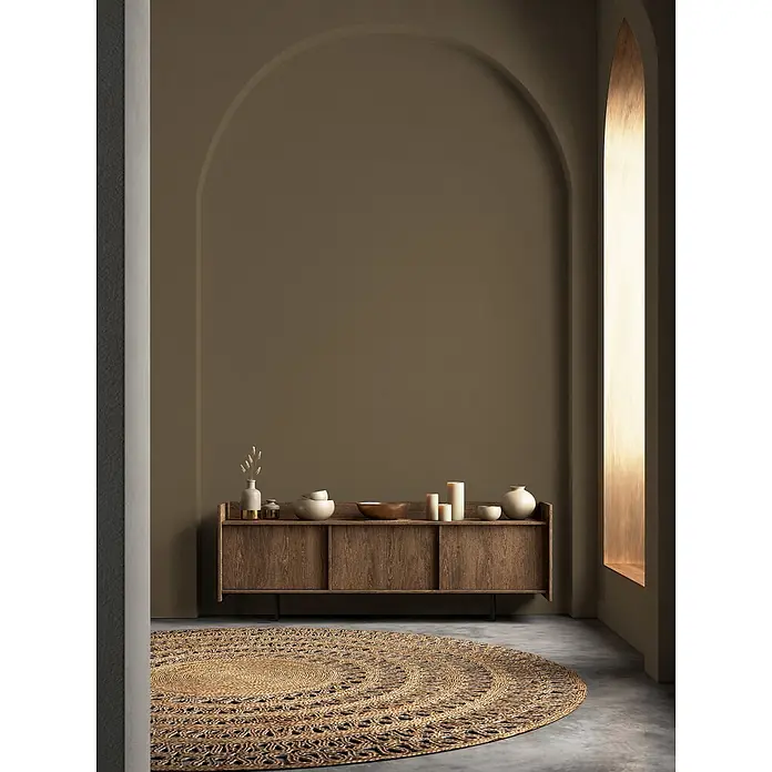 Livingwalls Wandfarbe Braun Mellow Brown DD126044 2,5l - Braun, Matt, 2,5 l - Runder geflochtener Juteteppich mit aufwendigen Mustern.