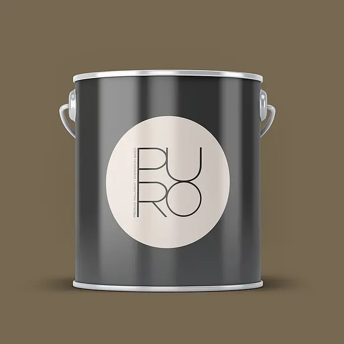 Livingwalls Wandfarbe Braun Mellow Brown DD126044 2,5l - Braun, Matt, 2,5 l - Dunkelgrauer Farbeimer mit Silberrand und weißem Etikett für PURO Wandfarbe.