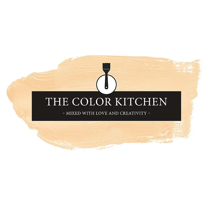 Livingwalls Wandfarbe Beige Muscat Wine 5002 5l - Matt, 5 l - Logo The Color Kitchen: schwarzes Banner mit weißem Text und Pinsel-Icon auf pfirsichfarbenem Pinselstrich.