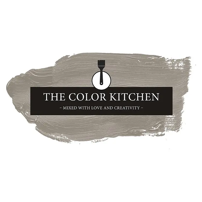 Livingwalls Wandfarbe Taupe Grey Pumpkin 1019 2,5l - Matt, 2,5 l - Logo: „The Color Kitchen“ mit grauem Pinselstrich-Hintergrund, schwarzem Banner, weißer Schrift und Pinselsymbol.