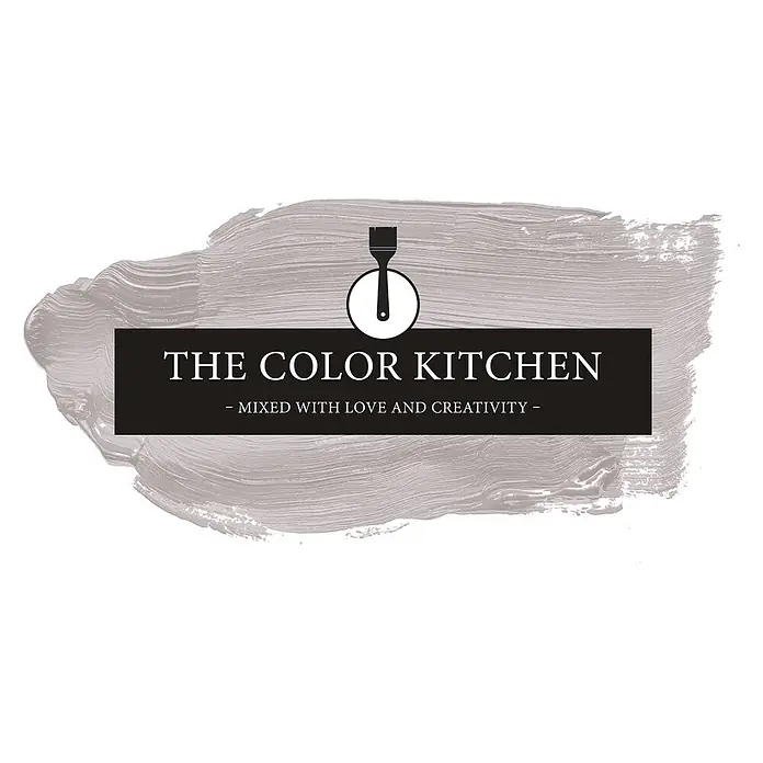 Livingwalls Wandfarbe Grau Calm Clam 2000 2,5l - Matt, 2,5 l - Logo: 'The Color Kitchen' mit weißem Text auf Schwarz, einem Pinsel-Symbol und einem grauen Pinselstrich-Element.