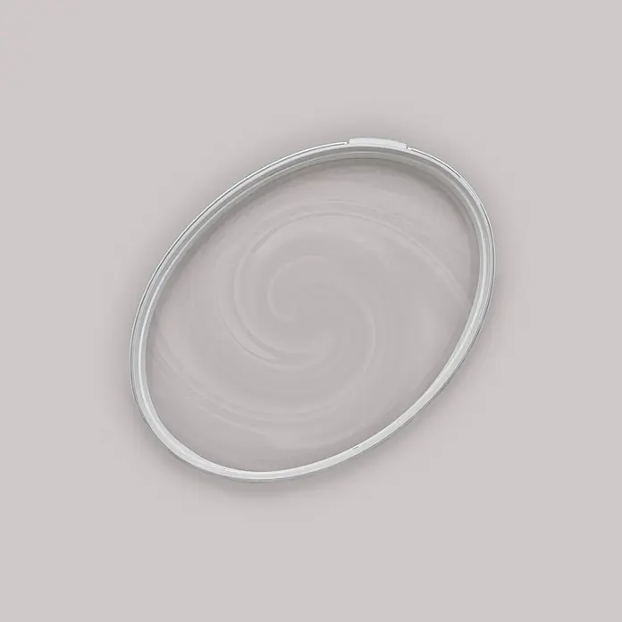 Livingwalls Wandfarbe Grau Calm Clam 2000 2,5l - Matt, 2,5 l - Hellgrauer ovaler Kunststoffdeckel mit transparentem, verwirbeltem Zentrum.